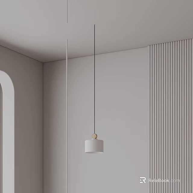 Modern Minimalist Interior With White Pendant Light And Light Gray Vertical Striped Walls 3d model 