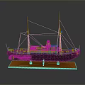 Vintage Ship Model With Two Masts Wooden Base And Deck Details