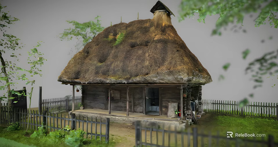 Traditional Thatched Roof Cottage With Wooden Fence And Green Plants Around 3d model 
