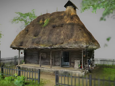 Traditional Thatched Roof Cottage With Wooden Fence And Green Plants Around 3d model