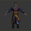 Game and Movie Character in Traditional Purple Blue Robe With Yellow Orange Sash Standing Pose