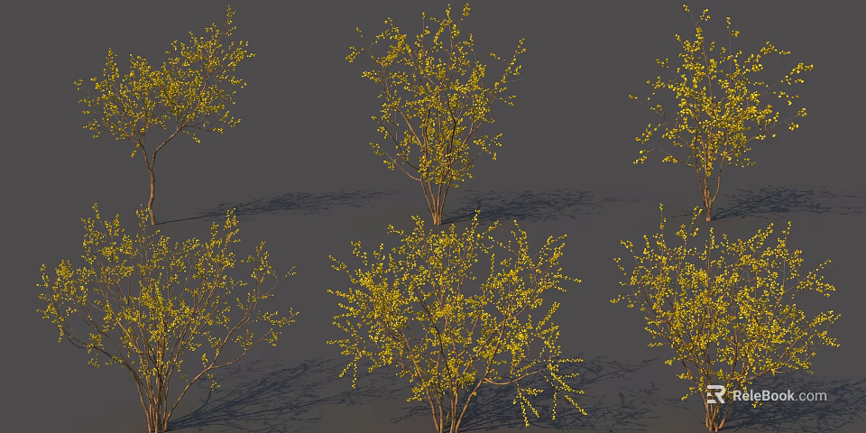 Yellow Leaf Arbor Trees with Multiple Trunks and Shadows in Gray Landscape 3d model