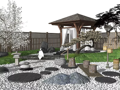 Traditional Karesansui Garden With Stones Gravel Wooden Pavilion And Pine Tree 3d model