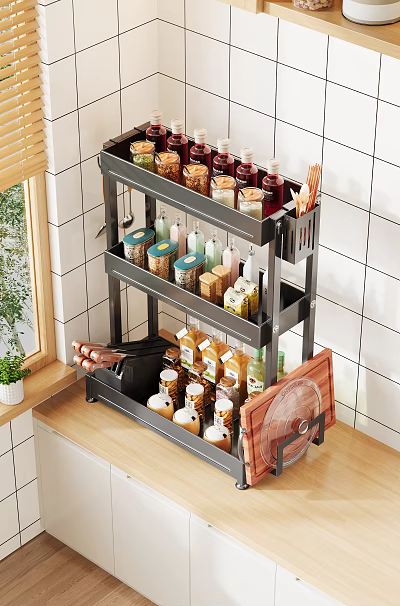 Practical Kitchen Cabinet With Multi Tier Shelf Organizing Spices Condiments And Kitchen Supplies 3d model