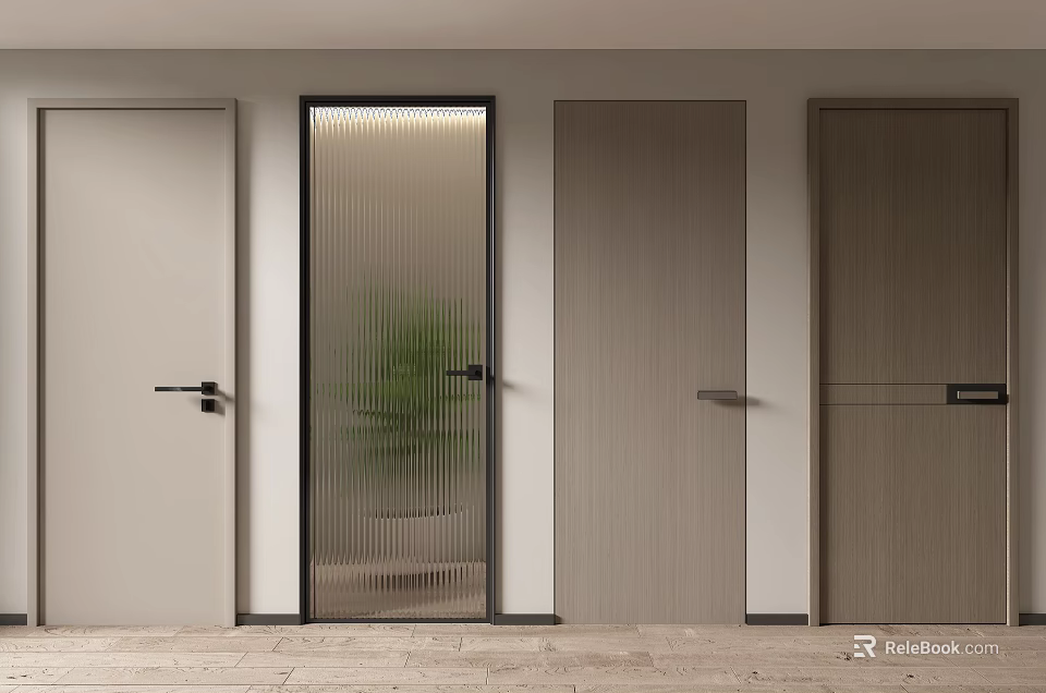 Modern Interior Hinged Doors Featuring Vertical Striped Glass And Wooden Panel Designs 3d model