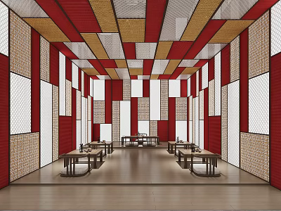 Traditional Tea House Interior With Colorful Grid Ceiling Patterned Walls And Wooden Tables Benches 3d model