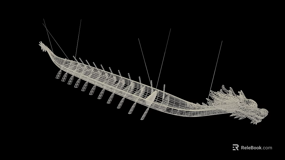 Intricate Dragon Boat Themed Wireframe Art Installation With Geometric Structure On Black Background 3d model 