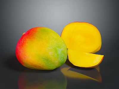 Fresh Ripe Mango With Whole Fruit Sliced Pieces Yellow Flesh Red Yellow Green Skin 3d model