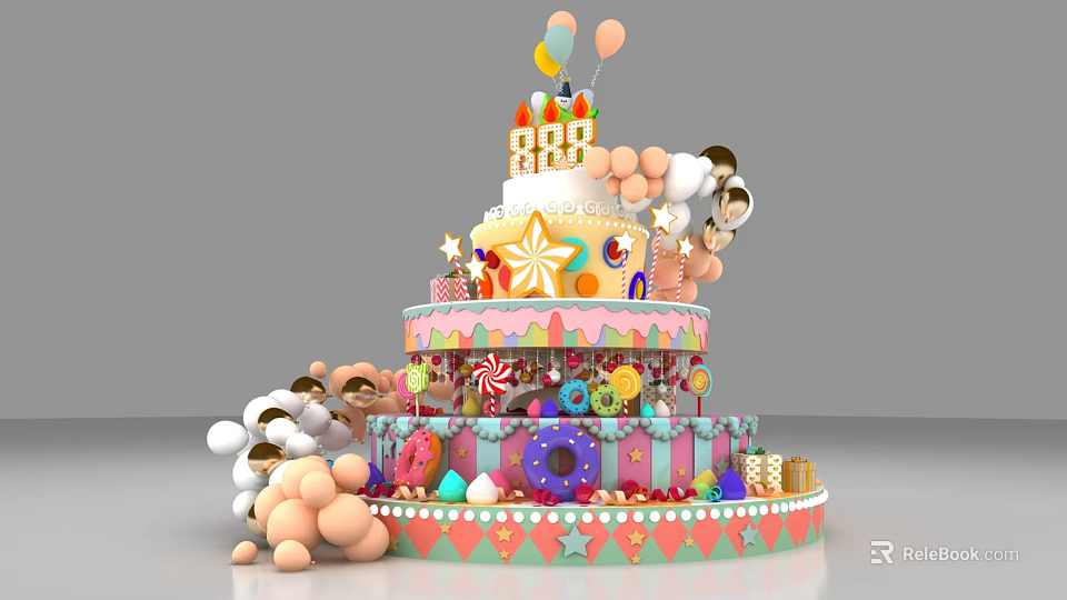 Commercial Equipment For Decorating Multi layer Birthday Cakes With Candies And Balloons 3d model 