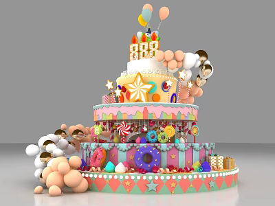 Commercial Equipment For Decorating Multi layer Birthday Cakes With Candies And Balloons 3d model