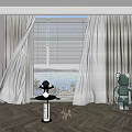 Beige Curtains With Sheer Panels And Blinds For Room With Lake View Wooden Floor