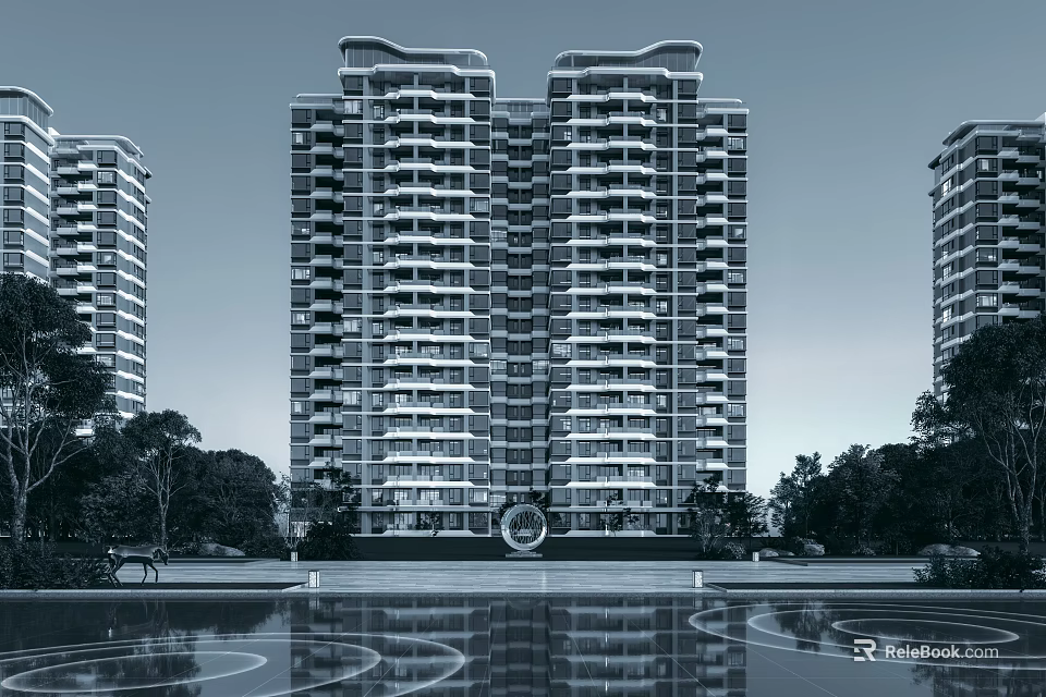 Modern High Rise Residential Building Exterior With Balconies Surrounding Trees And Water Reflection 3d model 
