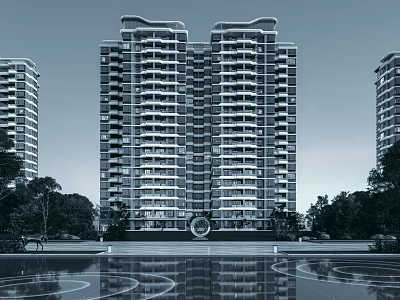 Modern High Rise Residential Building Exterior With Balconies Surrounding Trees And Water Reflection 3d model