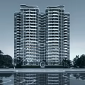 Modern High Rise Residential Building Exterior With Balconies Surrounding Trees And Water Reflection