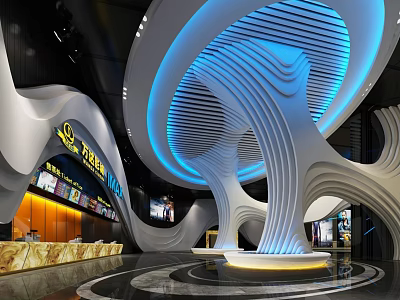 Futuristic Cinema Interior With Curved Ceiling Blue Lighting And Modern Ticket Counter 3d model