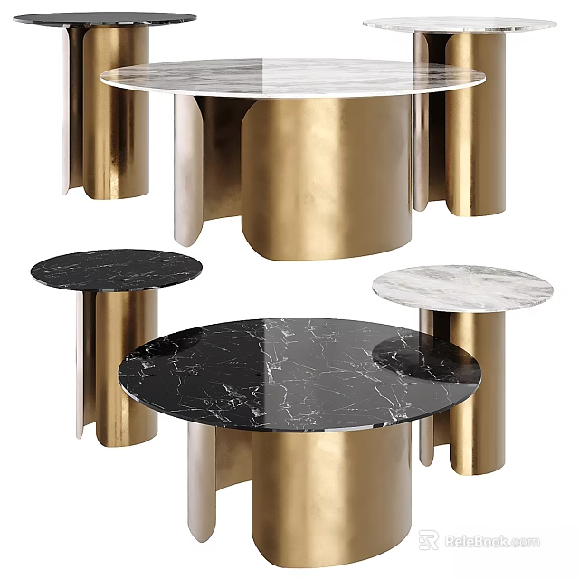 Stylish Round Dining Table Set With Marble Tabletop And Gold Legs 3d model