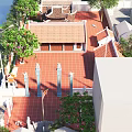 Ancient Architecture Courtyard With Red Tiled Roofs Stone Pillars And Surrounding Water Trees