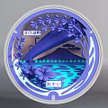 Blue Circular Sculpture Carving With Floral Patterns Mountain Lake And Landscape Design