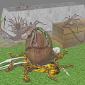 Strange Tentacled Creatures With Broken Shell And Bones Near Marble Container Wooden Crate On Grass