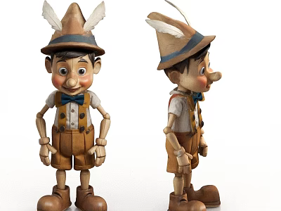 Wooden Pinocchio Dolls With Bow Tie And Suspenders Front Side Views 3d model