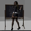 Woman in striped suit pointing at blackboard with mathematical formulas black stockings and high heels
