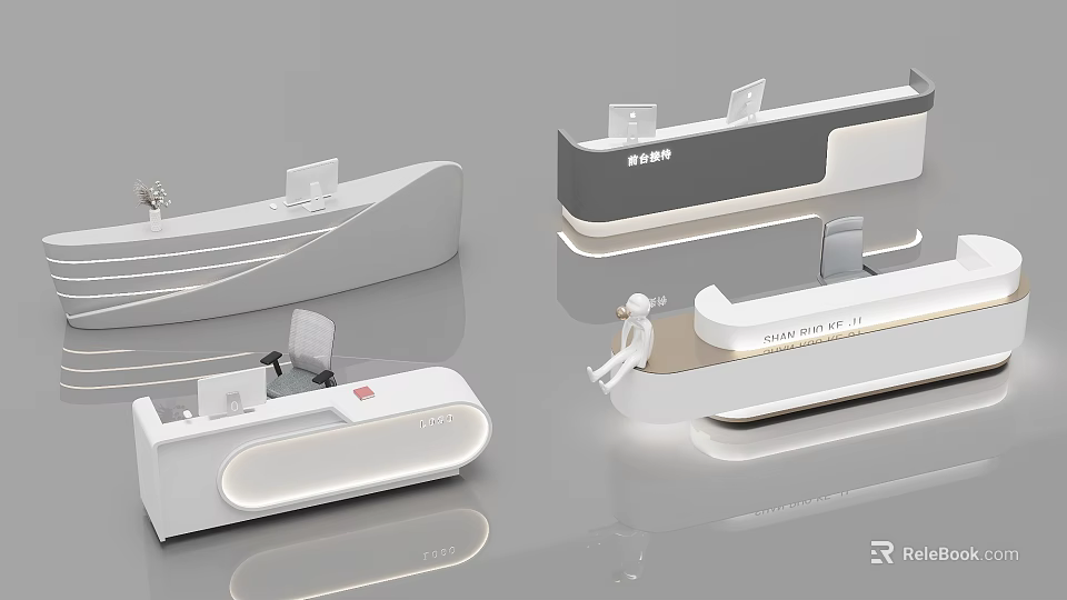 Various Modern Reception Desk Designs With Curved Counter Lighting and Staff Figures 3d model 