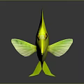 Vibrant Bright Yellow Tropical Fish With Green Fins And Distinctive Eyes On Dark Reflective Background