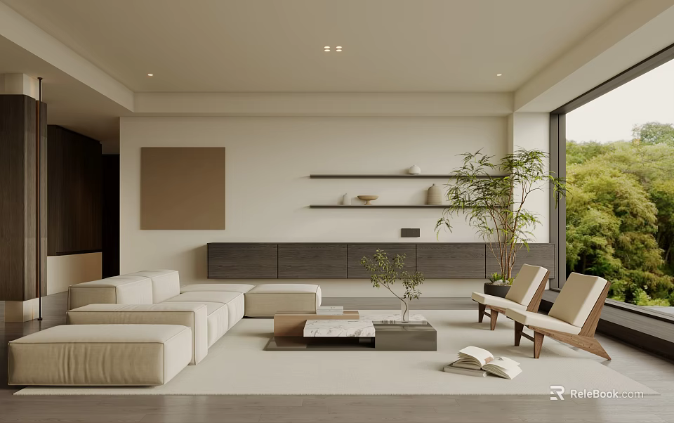 Light Toned Living Room With Sofa Armchairs Coffee Table Shelves And Large Window 3d model 