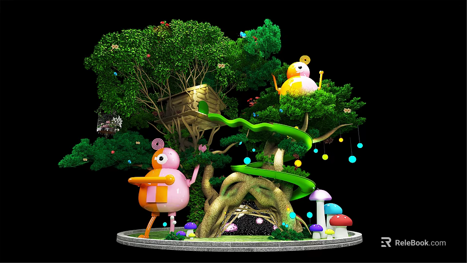 Magical Forest Scene With Big Tree Treehouse Spiral Staircase And Cartoon Characters 3d model 