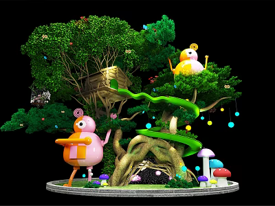 Magical Forest Scene With Big Tree Treehouse Spiral Staircase And Cartoon Characters 3d model