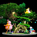 Magical Forest Scene With Big Tree Treehouse Spiral Staircase And Cartoon Characters