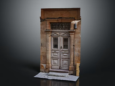 Vintage Wooden Entry Door With Decorative Stone Frame And Iron Grille Details 3d model