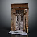 Vintage Wooden Entry Door With Decorative Stone Frame And Iron Grille Details