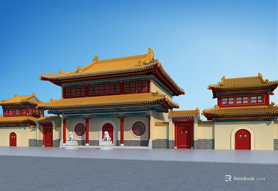 Traditional Chinese Ancient Architecture With Yellow Glazed Roof Red Columns And Courtyard 3d model 