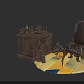 Vintage Indoor With Dark Wooden Desk Button Tufted Chair Candles And Machinery On Geometric Base