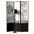 Decorative Folding Screen with Floral Tree Patterns and Black Floor Lamp 3d model