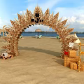 Summer Party Event Entrance Arch With Decorative Wooden Spikes Tents And Umbrellas On Beach