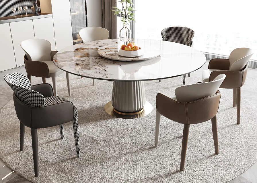 Modern Dining Table Set with Round Marble Top and Upholstered Chairs on Rug near Window 3d model 