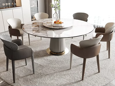 Modern Dining Table Set with Round Marble Top and Upholstered Chairs on Rug near Window 3d model