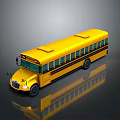 3D Rendered Yellow School Bus with Black Stripes Windows Roof Vents and Reflection