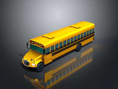 3D Rendered Yellow School Bus with Black Stripes Windows Roof Vents and Reflection 3d model