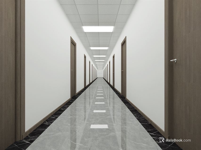 Modern Elevator Hallway Design Featuring Long Corridor Polished Marble Floor And Ceiling Lights 3d model 
