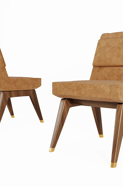 Two Brown Velvet Dining Chairs With Wooden Legs And Gold Accents 3d model