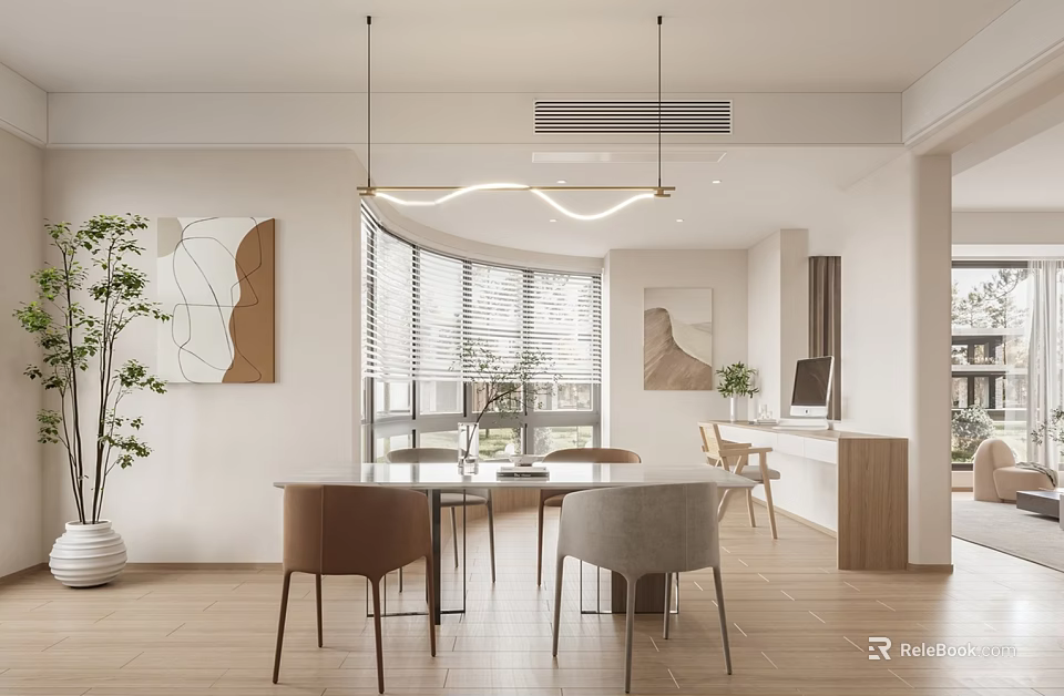 Modern Living Dining Room Interior With Dining Table Chairs Pendant Lights Plant And Decorative Painting 3d model 