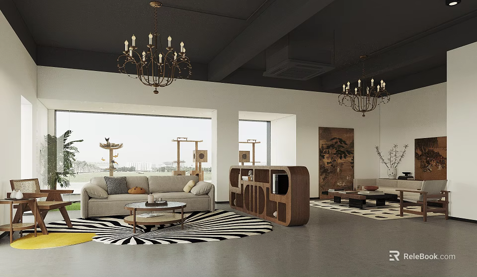 Modern Living Room Interior With Chandeliers Large Windows Sofa Coffee Table And Rug 3d model 