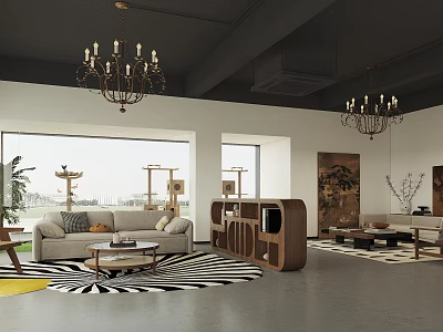 Modern Living Room Interior With Chandeliers Large Windows Sofa Coffee Table And Rug 3d model