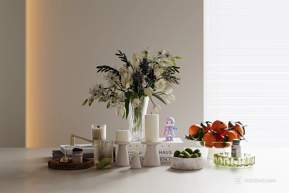 Decorative Ornament Combination With Fresh Flower Bouquet Candles And Citrus Fruits 3d model 