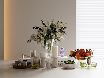 Decorative Ornament Combination With Fresh Flower Bouquet Candles And Citrus Fruits 3d model