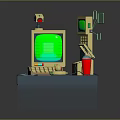 Vintage Electronic Devices Setup With Green Screen Monitor Keyboard Telephone Desk Lamp And Cup