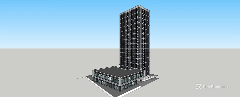 Modern Architectural Complex With Tall Building Low Rise Podium And Glass Windows Exterior 3d model 